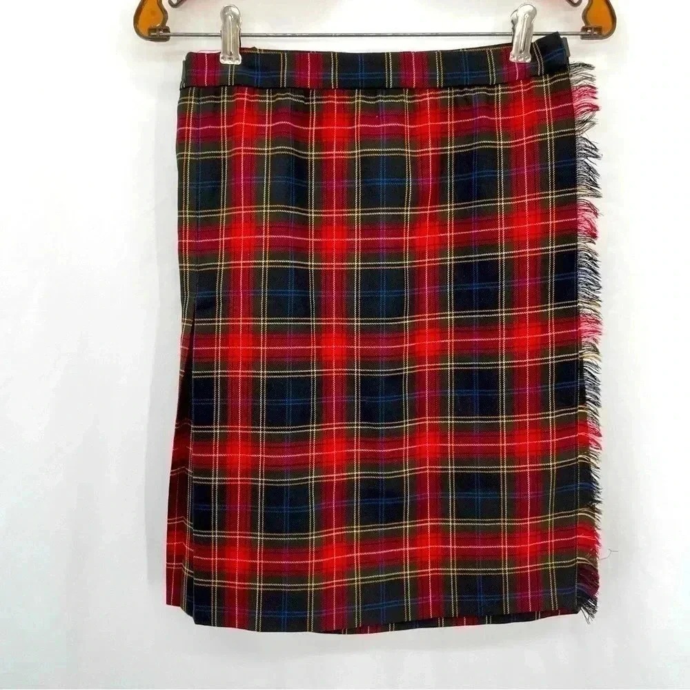 Jones New York Wrap Skirt Women 8 Red Plaid Wool Tartan Fringed‎ Kilt Pleated